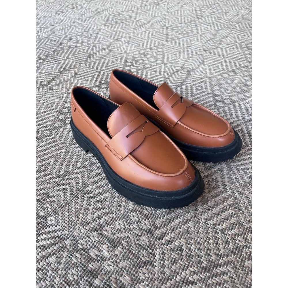 Camper Brown Leather Chunky Platform Penny Loafers Size 37 Lug Sole
